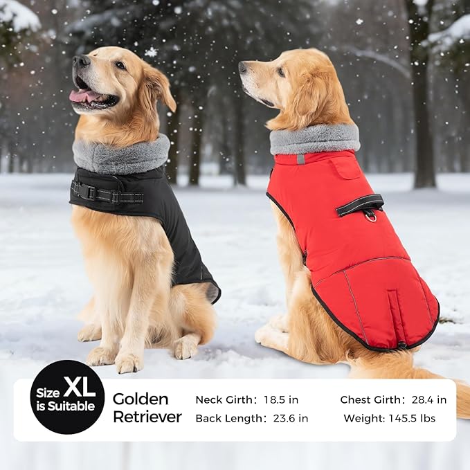 Mihachi Dog Coat for Large Dogs, Warm Dog Winter Coat Waterproof Dogs Jacket with Harness Built in Reflective Pet Fleece Vest, Puppy Cold Weather Coats Turtleneck & Windproof Pet Snowsuit, Red XL