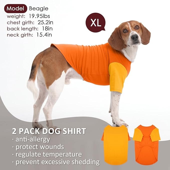 2 Pack Large Dog Shirts for Summer - Stretchy Breathable Cotton Dogs T-Shirt, Protect Skin Easy On and Off Dogs Clothes for French Bulldog, Pug, Daily Wear, Park, Travel, Beach Trips, Orange