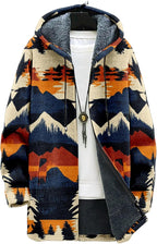 Mens Aztec Print Hoodie Heavyweight Cotton Fleece Jacket Zip Up Warm Long Sleeve Hooded Winter Midi Coat