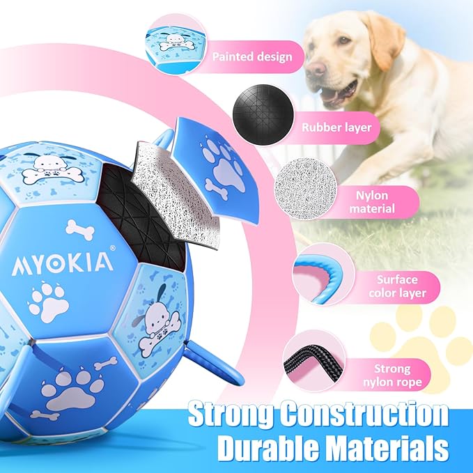 Size 3 Blue Dog Soccer Ball with Straps Eye-Catching Bone and Paw Print Design, Ultra-Durable Training Ball for Pets Interactive Outdoor Dog Toy, Perfect for Medium & Large Puppies