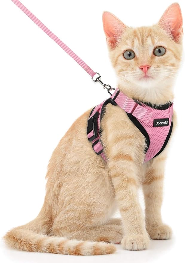 Dooradar Cat Harness and Leash Set, Escape Proof Safe Adjustable Kitten Vest Harnesses for Walking, Easy Control Soft Breathable Mesh Jacket with Reflective Strips for Cats, Pink, S