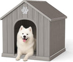 Vixzen Large Outdoor Dog House,Durable Water Resistant Resin Dog House,Doghouse for Small to Large Dogs Indoor or Outside,with Openable Windows and Elevated Floor,Gray
