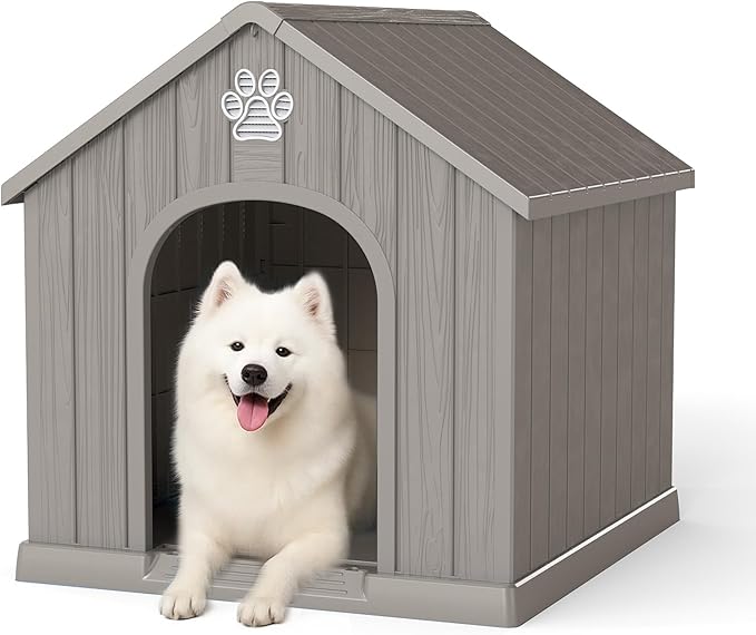 Vixzen Large Outdoor Dog House,Durable Water Resistant Resin Dog House,Doghouse for Small to Large Dogs Indoor or Outside,with Openable Windows and Elevated Floor,Gray