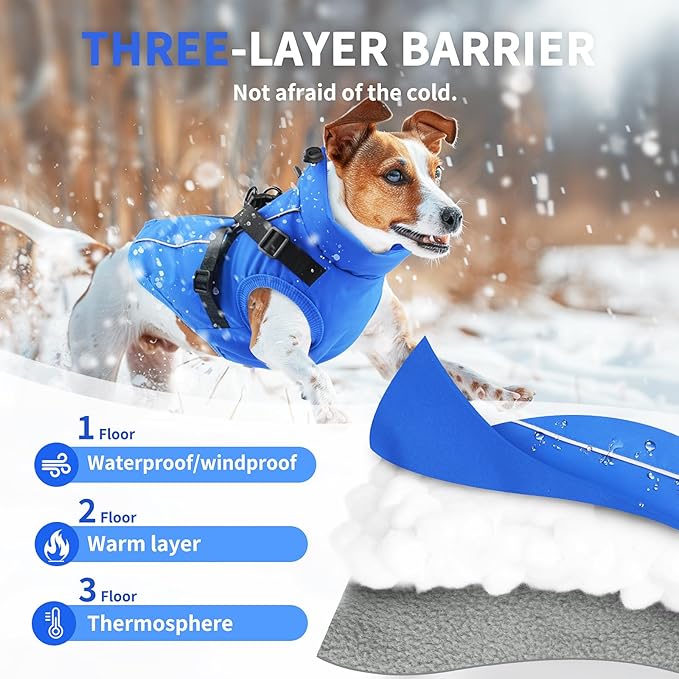 Dog Winter Coat Reflective Water-Resistant Jacket, Fleece Lined Windproof Puppy Coat with Back Zipper & D-Ring, Cold Weather Dog Coats for Small Medium Large Dogs （XXL,Blue）