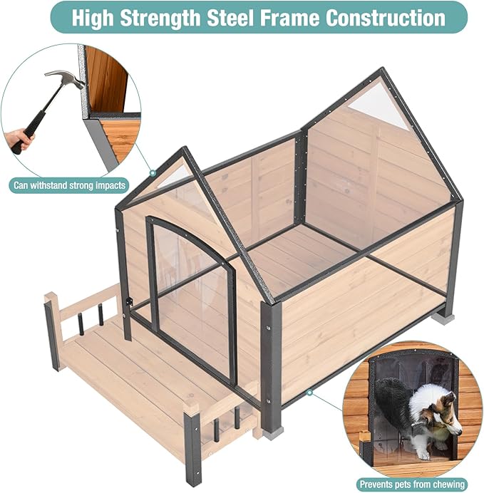 Dog House with Heating Pad, Weatherproof Outdoor Kennel for Large Dogs, Chew-Resistant Iron Frame & Asphalt Roof (Wood, XL)