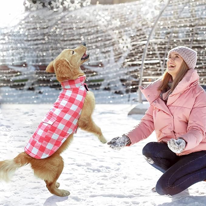 Malier Classic Plaid Fleece Dog Coat Jacket with Pocket, Windproof Warm Winter Pet Apparel for Small Medium Large Dogs (Pink, Large)