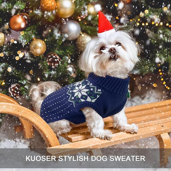 Kuoser Dog Sweater, Holiday Christmas Snowflake Pet Warm Knitwear Dog Sweaters Soft Puppy Clothing, Doggie Turtleneck Cold Weather Outfit Pullover for Small Medium Large Dogs Cats, Blue XS