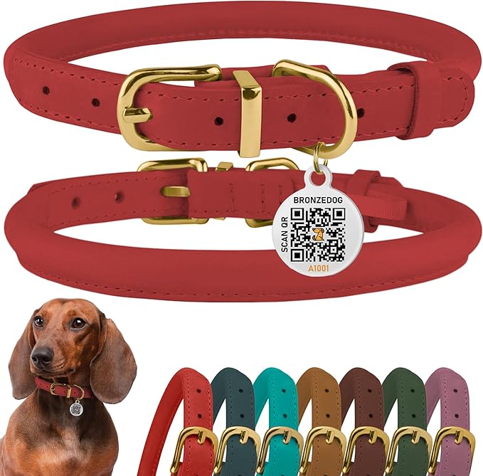 BronzeDog Rolled Leather Dog Collar with QR ID Tag, Adjustable Soft Round Collars for Small Medium Large Dogs Puppy (7" - 10" Neck Size, Coral Pink)