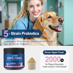 Cat Dog Dental Powder - Dog Teeth Cleaning Powder for Bad Breath Treatment, Plaque Off and Tartar Remover, Healthy Mouth for Dogs with Probiotics, Pet Dental Care - 6.35oz 180g