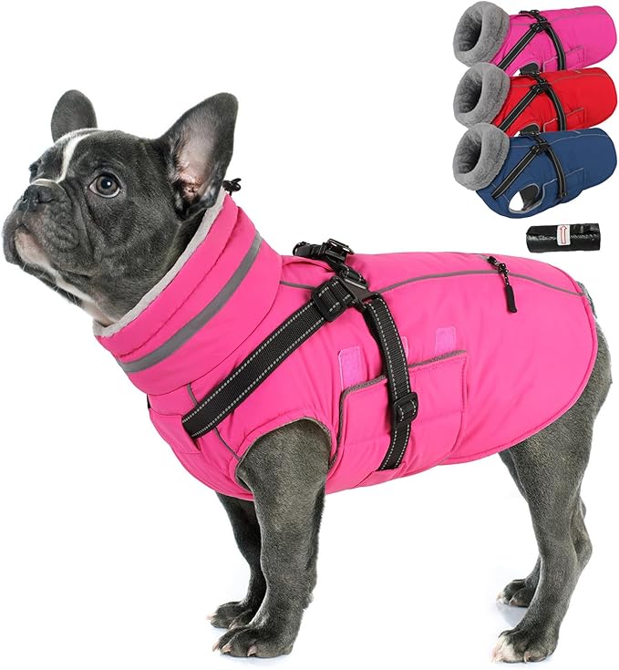 PETDSH Dog Coat Medium, Built-in Harness Dog Jacket with Warm Fleece Lining, Waterproof Reflective Dogs Winter Coat, Pet Coats with Pocket and Trash Bags (Pink, Medium)