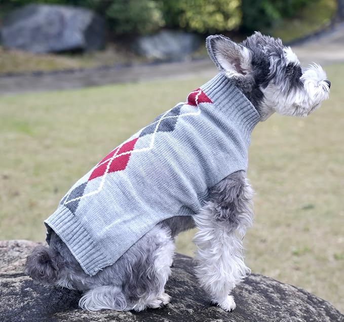 Grey Argyle Knit Pet Sweaters Clothes for Small Dogs, Classic Gray Medium M Size