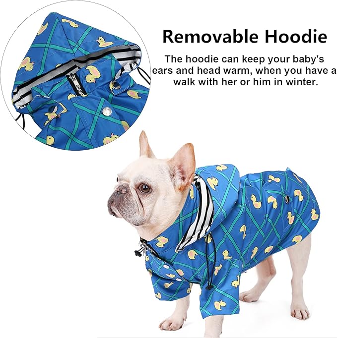 Morezi Dog Zip Up Raincoat with Reflective Buttons, Rain/Water Resistant, Adjustable Drawstring, Removable Hood, Raincoats with Legs 8lbs to 80lbs Available - Grid Blue - XL