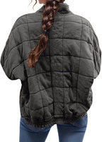 LIZALIG Warm Padded Coat for Women Full Zip Quilted Jackets Winter Oversized Causal Solid Color Stand Collar Pockets Coat