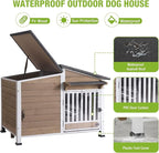 Heated Dog House Outdoor, Insulated Dog Kennel with Heating Pad for Winter, Weatherproof Dog Shelter with Anti-Chewing Metal Frame and Bowls for Small Medium Large Dogs (Light Brown