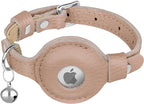 OOPSDOGGY Cat Collar for AirTag Holder, Leather Kitten Collars with Elastic Strap & Bell, Non Breakaway Adjustable Small Pet Collars for Indoor & Outdoor for Boy, Girl (Beige)