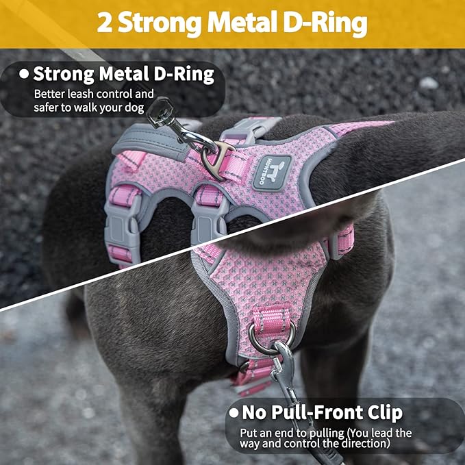 Huntboo Escape Proof Dog Harness, No Pull Reflective Harness with Lift Handle, Adjustable Pet Vest with Front and Back Leash Clips for Small Medium Large Dogs Walking Hiking Training (Pink,XL)