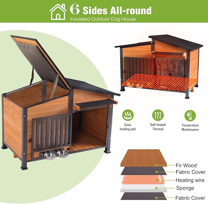 GUTINNEEN Heated Dog House Large Outdoor Insulated Dog Kennel Weatherproof Dog Shelter with Heated Pad, Insulated All-Round Thermal Liner, Chew-Proof Design for Dogs (Brown)