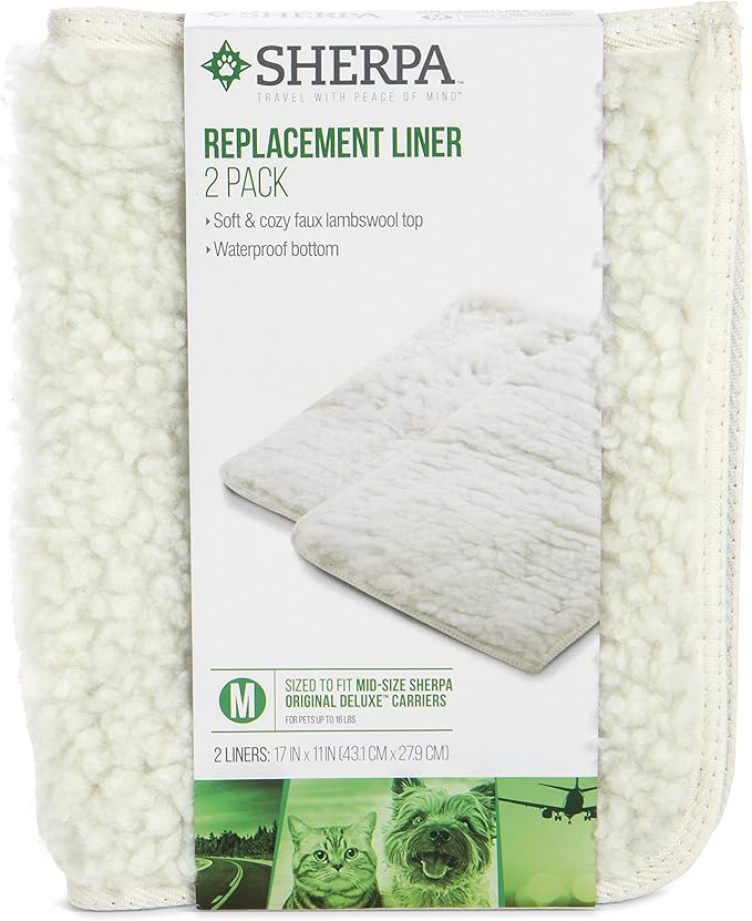 Sherpa Replacement Liners for Travel Pet Carriers - Soft Absorbent Cat & Dog Kennel Pad with Waterproof Backing, Machine Washable Crate Pads, 16.5x11.25in - 2 Pack, White, Medium