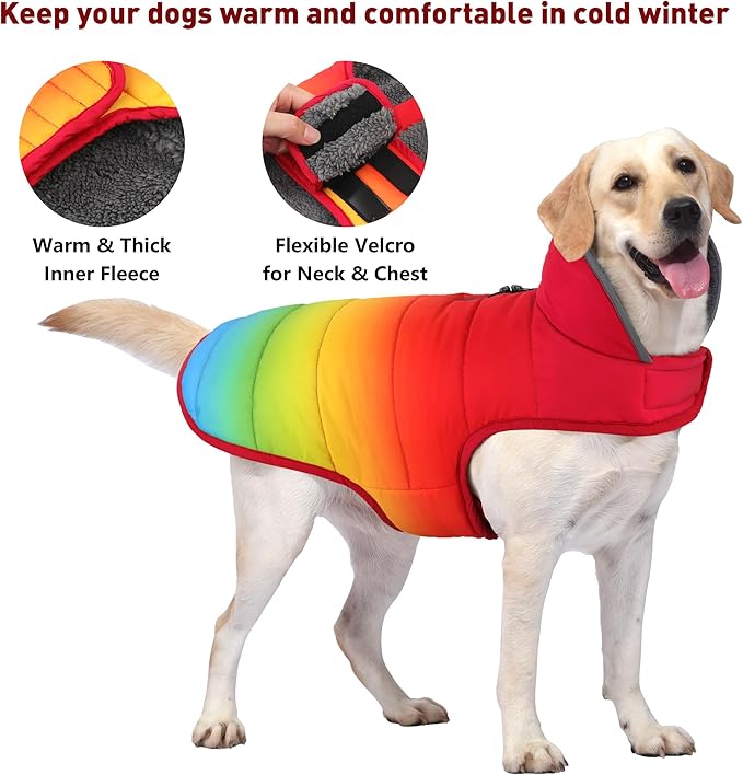 Dog Winter Coat, Waterproof Dog Jacket with Leash Hole, Reflective Adjustable Pet Snow Vest, Warm Fleece Sweater for Small Medium Large Dogs - Rainbow, M