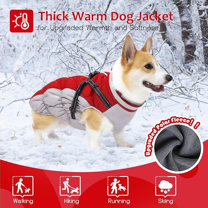 Dog Winter Coat with Harness, Dog Jacket, Pet Clothes with Zipper on Back, Waterproof Windproof Warm Vest, Reflective Cold Weather Coats, for Small Medium Large Dogs, Thick, Red, L