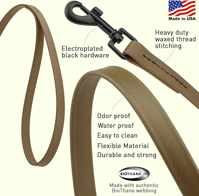 Dogline Biothane Waterproof Dog Leash Strong Coated Nylon Webbing with Black Hardware Odor-Proof Easy to Clean High Performance for Small or Large Dogs Made in USA 2 ft Lead, Coyote Brown