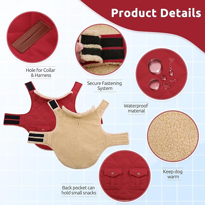 ASENKU Warm Dog Winter Coat, Waterproof Dog Coat for Cold Weather, Fleece Dogs Jacket with Ultra Thick Plush Lining Leash Hole Storage Pockets for Medium Large Dogs (Red, Large)