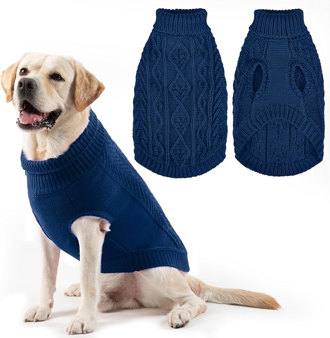 PUPTECK Dog Sweater, Turtleneck Warm Knitted Pullover Coat, Thick Cable Knitwear Clothes in Winter, Pet Apparel Outfits for Large Dogs, for Cold Weather Indoor & Outdoor, Deep Blue XL