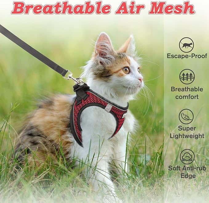 Cat Harness and Leash for Walking Escape Proof, Adjustable Kitten Vest Harness Reflective Soft Mesh Puppy Harness for Outdoor, Comfort Fit, Easy to Control (Red, S)
