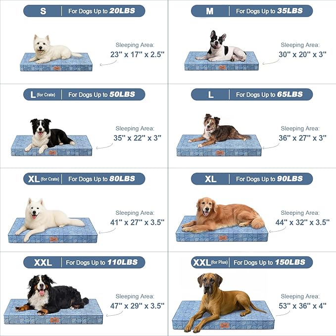 Outdoor Dog Bed for Medium Dogs, Waterproof Dog Crate Mat Orthopedic Egg Crate Foam Pet Bed with Washable Removable Oxford Cover, White Blue