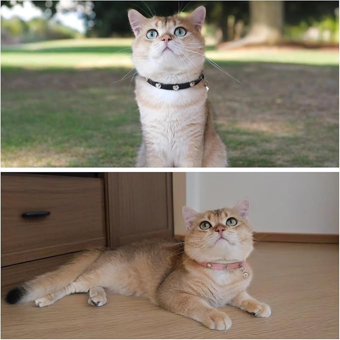 Spiked Cat Collar with Bells, Breakaway Genuine Leather Protective Collar for Kitty, Studs Spikes Punk Style, Heart Pattern, Adjustable for Girl Boy Kittens Small Bunny Rabbit, 8"-9.5" Pink