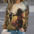 Long Sleeve Shirts for Women Cat Oil Painting Shirt 3D Graphic Sweatshirts Fall Pullover Crewneck Vintage Boho Tops