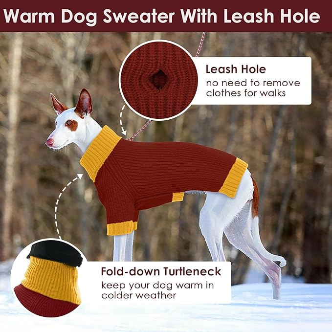 XXL Dog Sweater with Leash Hole, Stretchy Turtleneck Sweaters for Dogs Large Girl Boy, Cold Weather Fleece Pullover Fall Winter, Warm Christmas Clothes for Pitbulls, Labrador, Burgundy 2XL