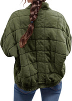 LIZALIG Warm Padded Coat for Women Full Zip Quilted Jackets Winter Oversized Causal Solid Color Stand Collar Pockets Coat