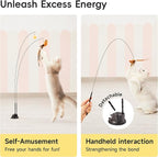 Potaroma Suction Cup Cat Wand Toys, Dual-Wand Interactive Kitten Toy for Indoor Cats with 5 Pcs Feathers Balls Attachments, Charcoal Base