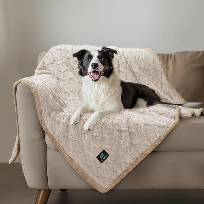 Waterproof Pet Blanket, Liquid Pee Proof Dog Blankets for Sofa Bed Couch, Reversible Sherpa Fleece Furniture Protector Cover for Small Medium Large Dogs Cats,Beige-Thicken Large（65" x 57"）