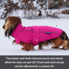 DJANGO Dog Jacket & Raincoat – Lightweight Water-Resistant Coat for Small, Medium & Long Dogs Like Dachshunds – Reflective, Adjustable Fit, Harness-Compatible & Easy-Access Harness Hole - Pink, Small