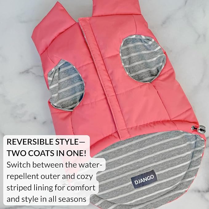 DJANGO Puffer Dog Coat – Warm Winter Dog Jacket & Water-Repellent Insulated Puffer Vest with Striped Lining, Harness Hole, Adjustable Fit for Small & Medium Dogs, Dachshunds – Rose Petal Pink, X-Small