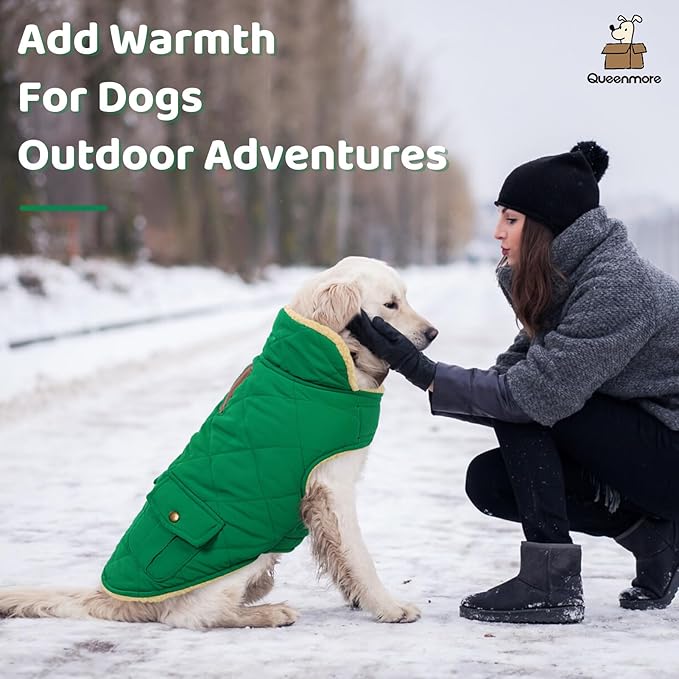 Queenmore Warm Dog Coat, Cold Weather Puffer Dog Coat Vest, Quilting Winter Pet Jacket Ultra Thick Plush Fleece Lining Pet Clothes for Dogs with Storage Pockets (Forest Green,Large)