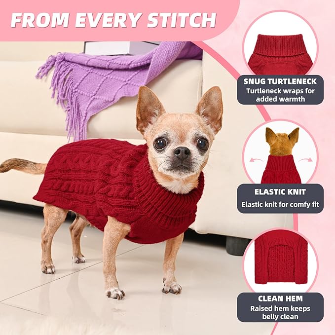 2 Pack Dog Sweaters for Small Dogs Turtleneck Pullover Cable Knit Puppy Stretch Clothes Chihuahua Yorkie Pomeranian Toy Poodle Boy Girl Pets Winter Doggie Clothes (XS, Pink & Red)