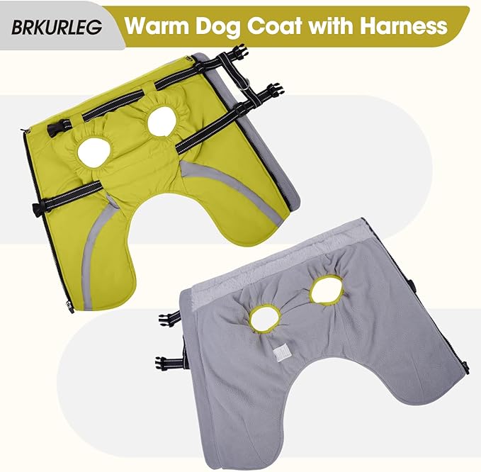 BRKURLEG Dog Winter Jackets for Large Dogs, Dog Coat with Harness Built in, Dogs Snowsuits with Zipper, Waterproof Windproof Pet Puffer Jacket Fleece Vest for Labrador, Dalmatian, Green XXL