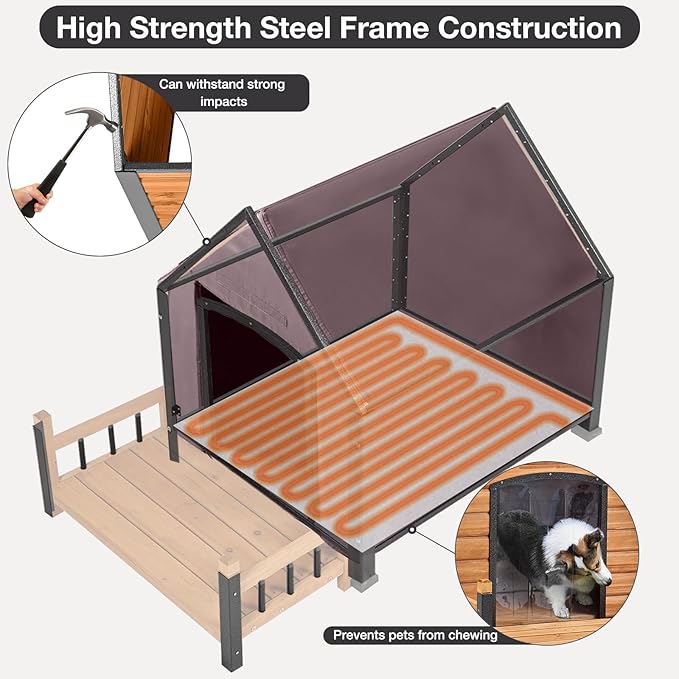 Dog House Outdoor, Chew-Proof Metal Frame Dog Kennel Shelter for Large Breeds,Weatherproof (Brown-H, Large)