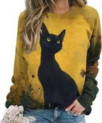 Long Sleeve Shirts for Women Cat Oil Painting Shirt 3D Graphic Sweatshirts Fall Pullover Crewneck Vintage Boho Tops