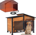 Chew-Resistant Dog House with Metal Frame, Wooden Kennel for Indoor & Outdoor Use, Waterproof Roof & Feeding Bowls Included (Wood, XL-in)