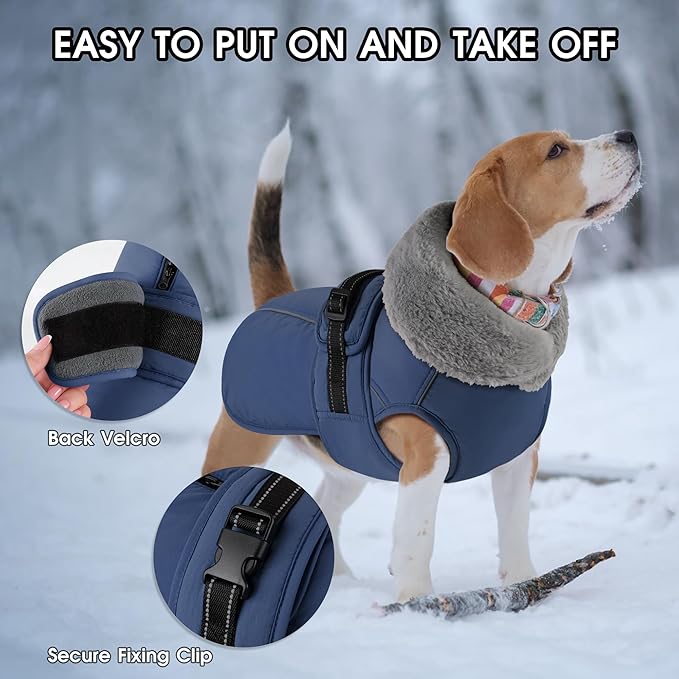 PETDSH Dog Coat Small, Windproof Dog Jacket with Warm Fleece Lining, Thickened Collar Dogs Winter Coat, Adjustable Reflective Pet Coats for Cold Weather (Navy Blue, Small)