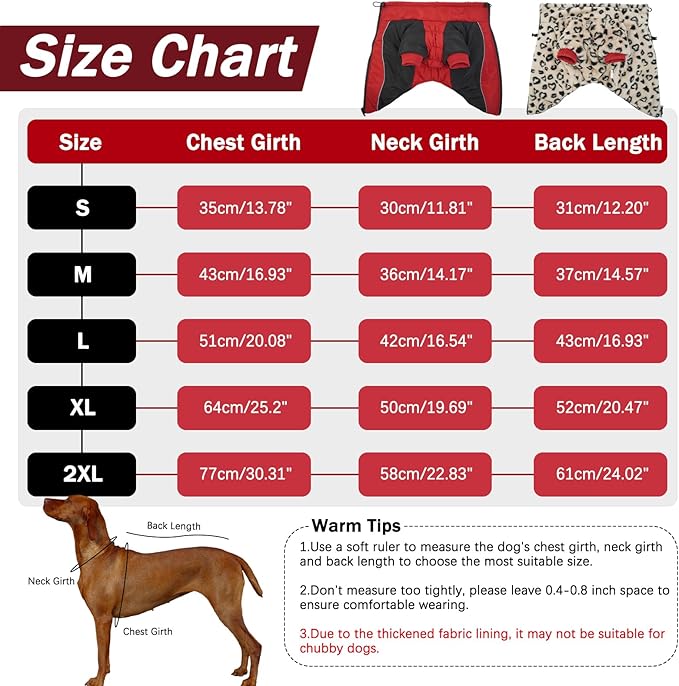 IDOMIK Reversible Dog Winter Coat, Thick Warm Dog Coat with Leopard Fleece Lining&Zipper, Adjustable High Collar Waterproof Jacket, Reflective Pet Cold Weather Coats for Small Dogs,Red,S