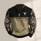 HOTYD Aztec Cowboy Jacket Men Vintage Bullhorn Printed Oversized Western Sweatshirt Long Sleeve Quarter Zip Pullover