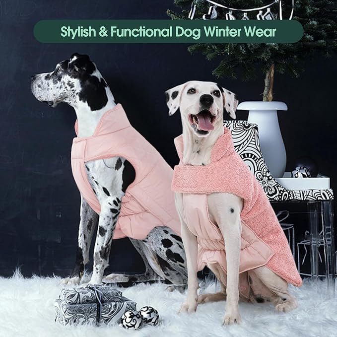 Kuoser Reversible Dog Coat – Warm Fleece & Quilted Waterproof Dog Jacket, Double-Sided Cold Weather Dogs Winter Coat with Harness Hole, Windproof Pet Snow Vest for Small Medium Large Dogs, Pink M