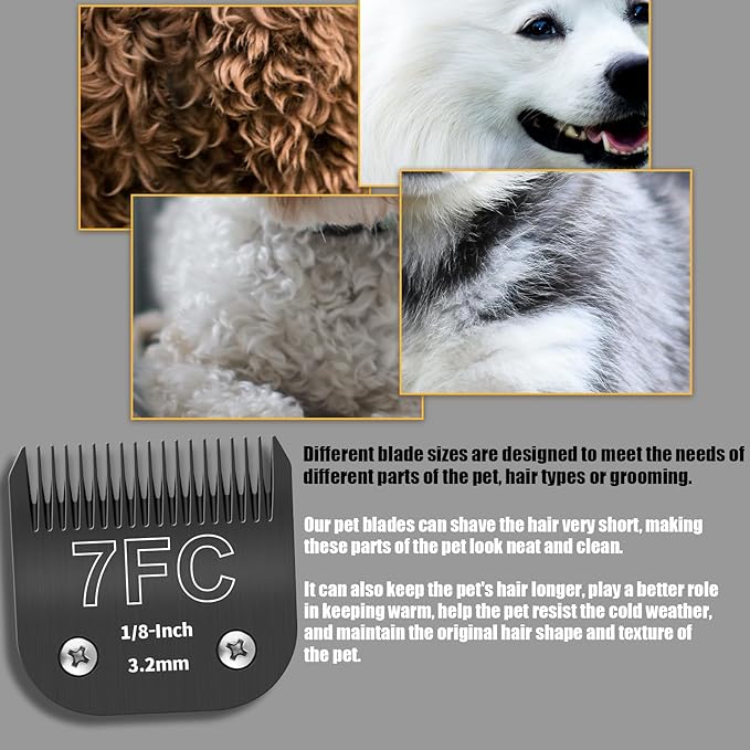 3 Pack 7FC Detachable Dog Grooming Steel Blades,Compatible with Andis,Oster A5,Wahl KM-10 Series,Cut Length 1/8" 3.2MM （Black）
