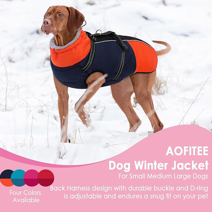 AOFITEE Dog Coats for Large Dogs, Waterproof Dog Winter Jacket with Harness Built in, Warm Large Dogs Coat with Fleece Lined, Zip Up Pets Jackets for Golden Retriever, Weimaraner, Blue 2XL