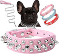 Spiked Dog Collar Soft Pu Leather Mushrooms Rivet Spike Studded Puppy Adjustable Pet Collars for Small Breeds (XS, Pink Set)